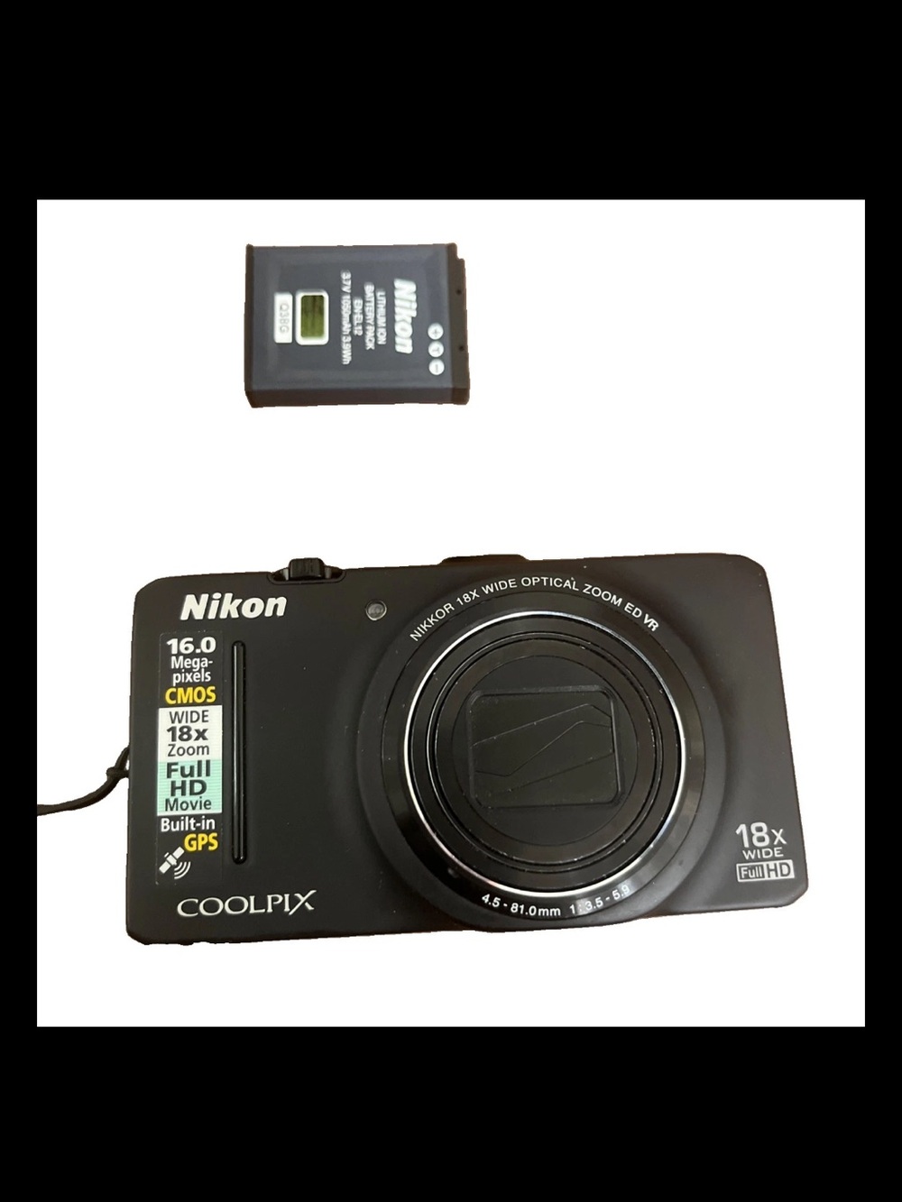 Nikon COOLPIX S9300 16MP 18X GPS Digital Camera Black EUC Bag + Charger + Case